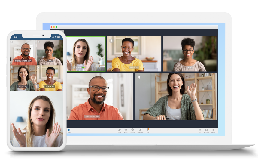 Image of people video conferencing on laptop and phone