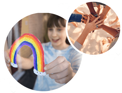 kid with rainbow and hands touching inside circles surrounded by video conferncing icons
