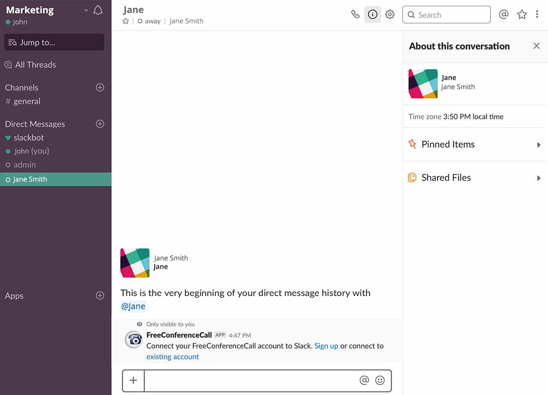 Slack prompt for options to login or sign up for a new Freeconferencecall account.